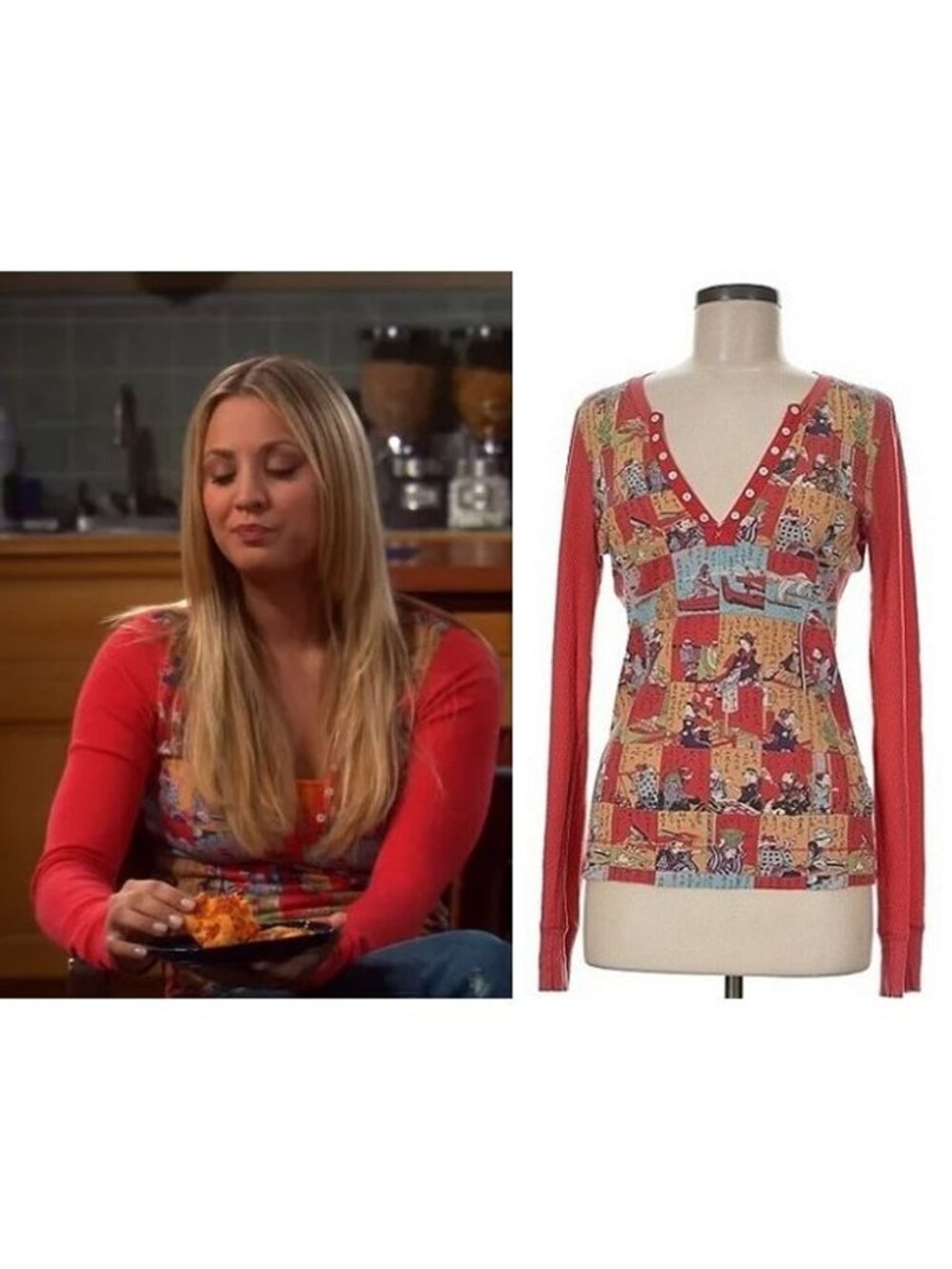 ASO BIG BANG THEORY PENNY HOFSTADTER Asian Thermal Henley Top Y2K VINTAGE